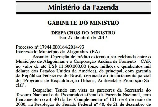 Ministério da Fazenda autoriza operação de crédito de US$ 11,5 milhões para Alagoinhas