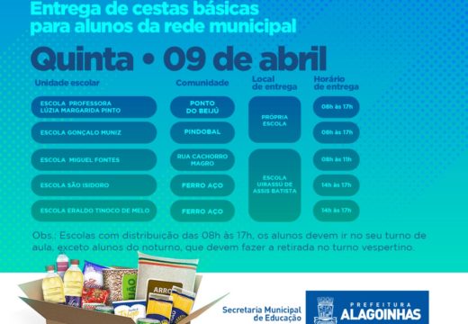 Prefeitura dá continuidade à entrega de cestas básicas a alunos matriculados na rede municipal de ensino nesta quinta-feira (9); confira o cronograma de distribuição