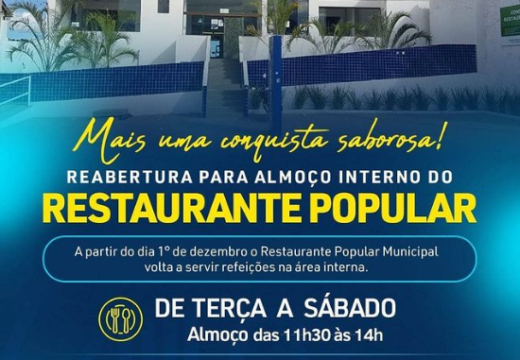 Restaurante Popular será reaberto ao público nesta quarta-feira (01)