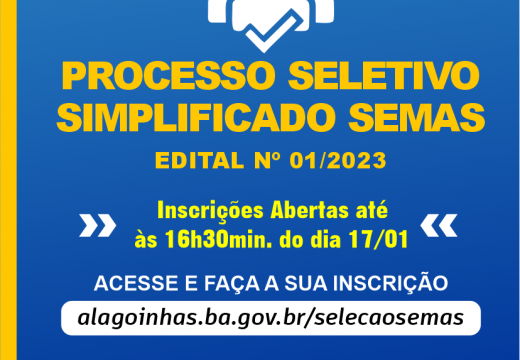 Inscrições abertas para o Processo Seletivo Simplificado Nº001/2023 da SEMAS, com vagas para Oficineiros de Música/Canto, Dança, Informática e Artes