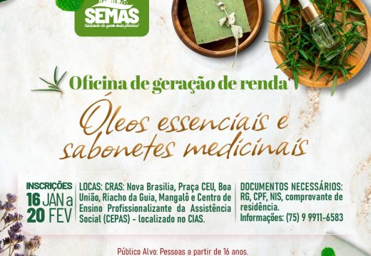 Oficina de Geração de Renda para fabricação de óleos essenciais e sabonetes medicinais abre inscrições na segunda (16)